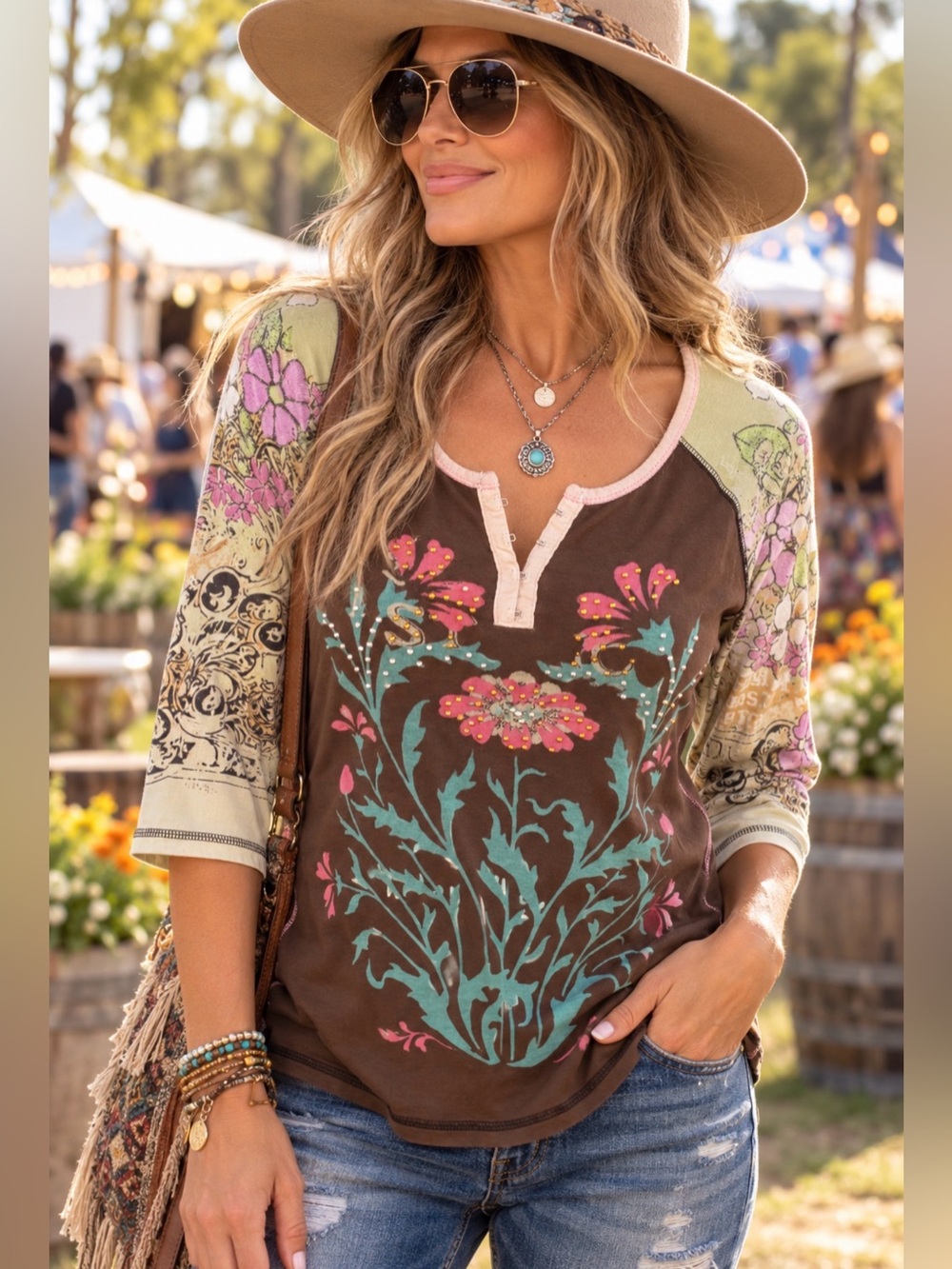 Vanilla Sugar Small Boho Floral Rhinestone Graphic Henley Top